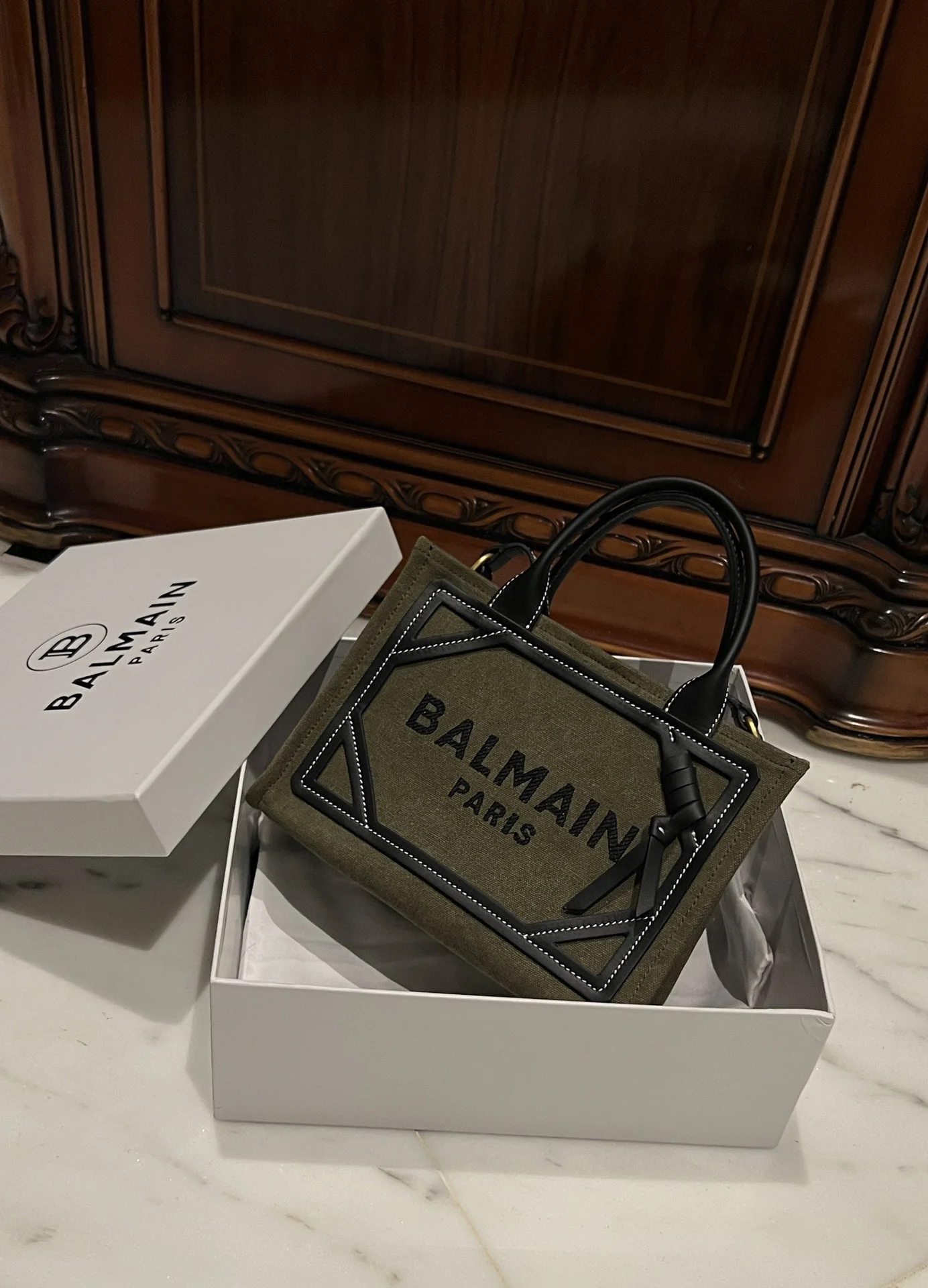 BALMAIN Totes Bags Canvas Leather (Green-Black) 26X18X11CM F00202608100308