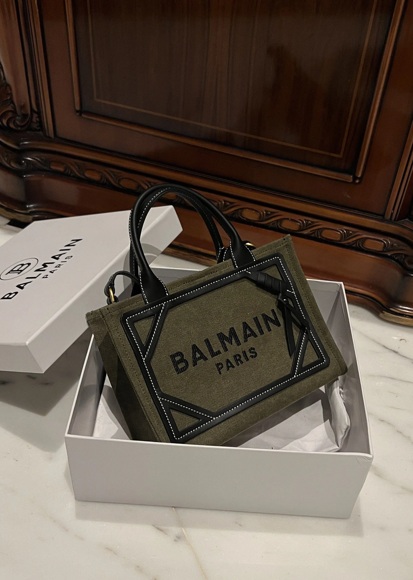 BALMAIN Totes Bags Canvas Leather (Green-Black) 26X18X11CM F00202608100308 - Image 2