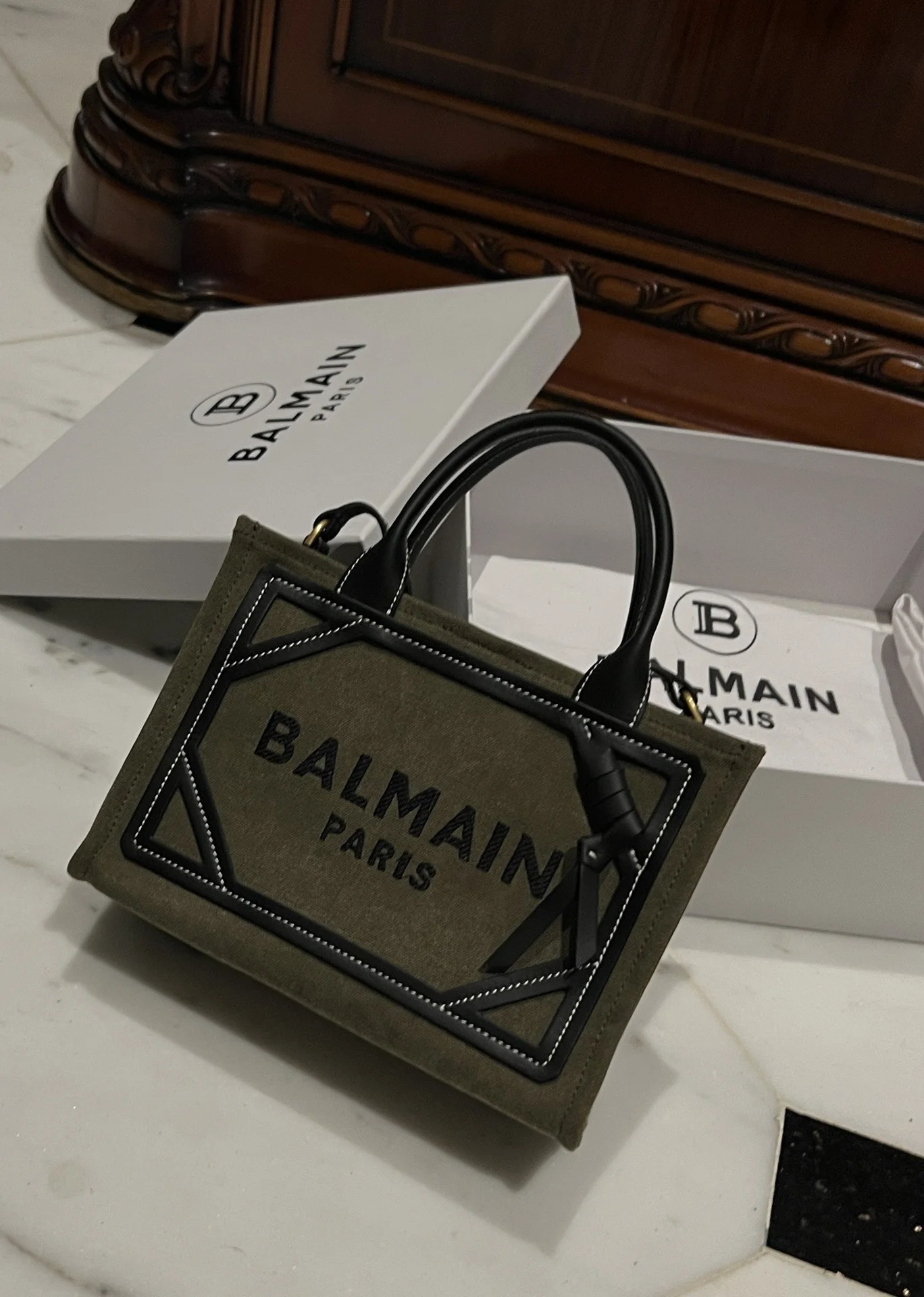BALMAIN Totes Bags Canvas Leather (Green-Black) 26X18X11CM F00202608100308 - Image 3