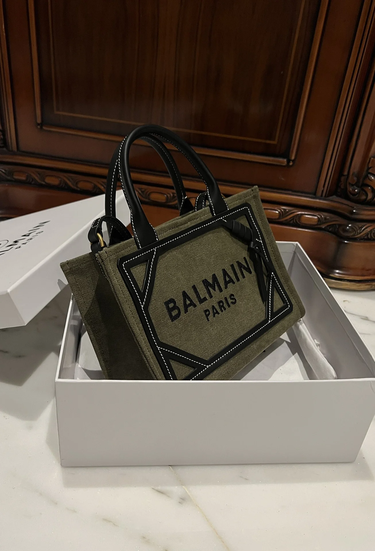BALMAIN Totes Bags Canvas Leather (Green-Black) 26X18X11CM F00202608100308 - Image 4