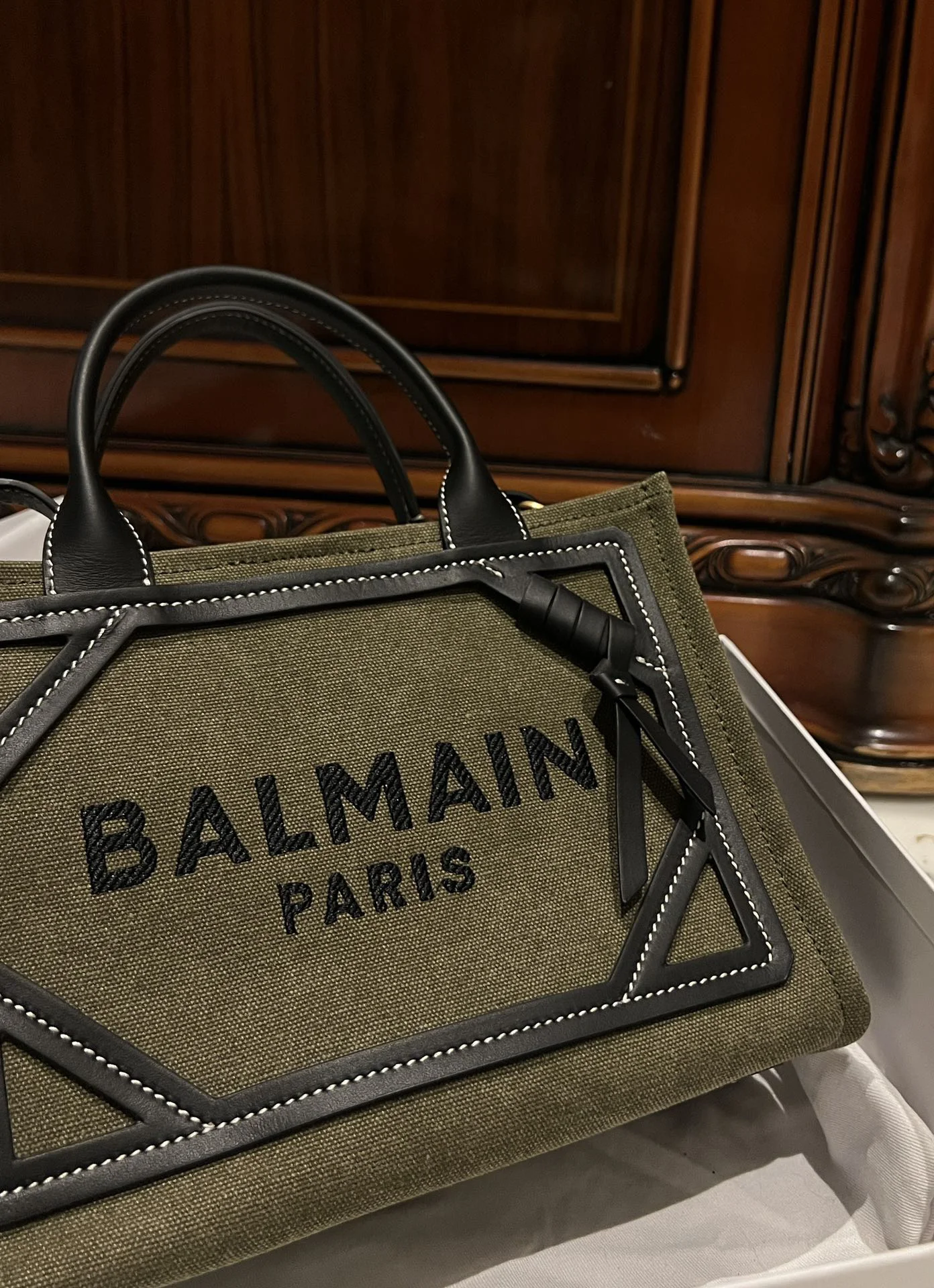 BALMAIN Totes Bags Canvas Leather (Green-Black) 26X18X11CM F00202608100308 - Image 5
