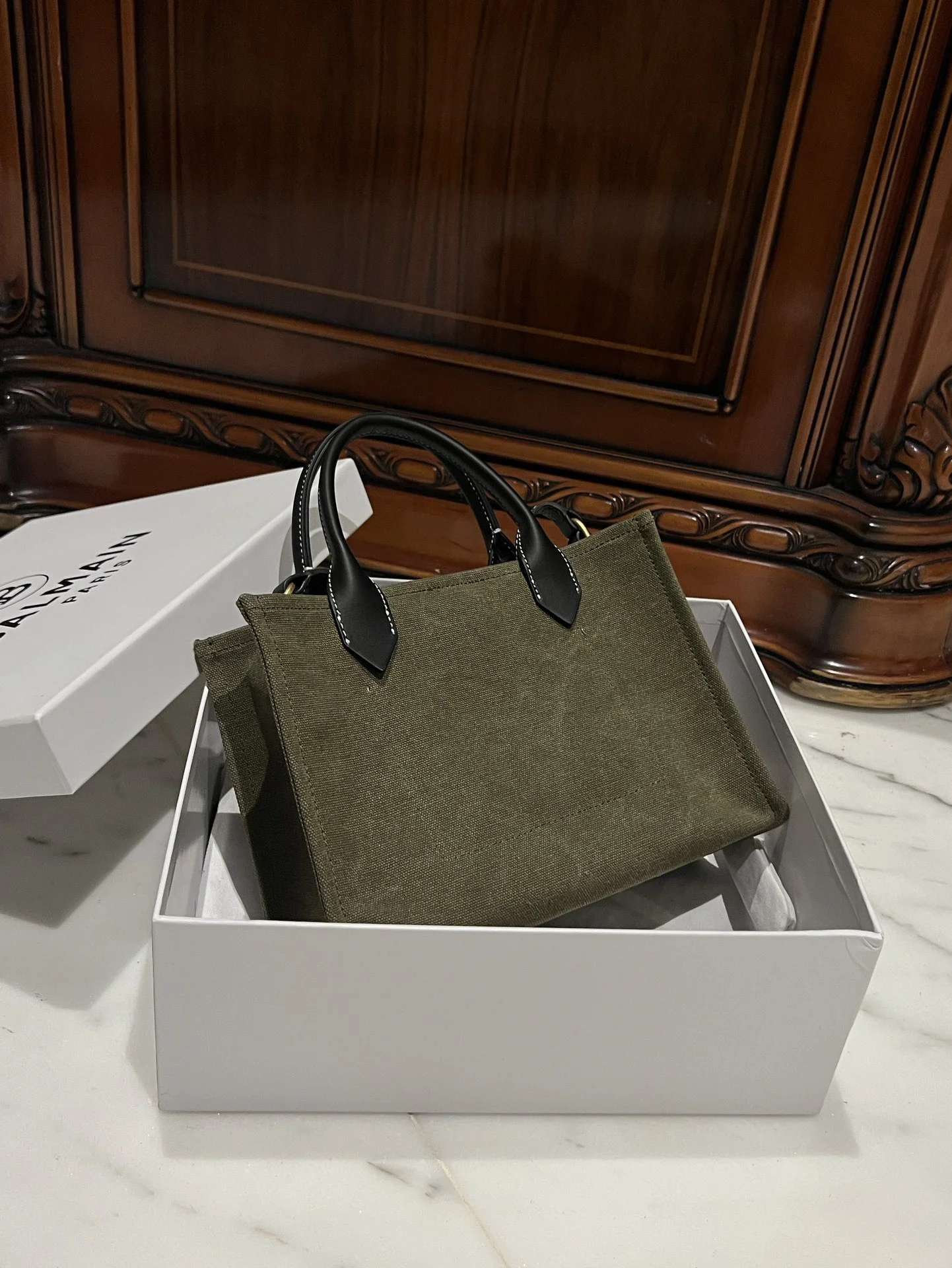 BALMAIN Totes Bags Canvas Leather (Green-Black) 26X18X11CM F00202608100308 - Image 6