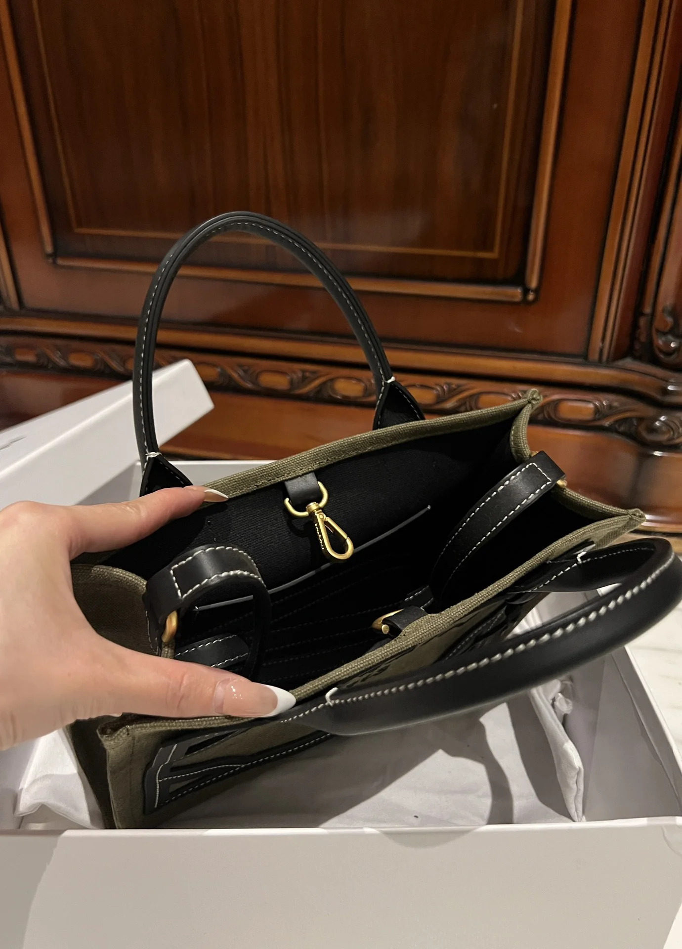 BALMAIN Totes Bags Canvas Leather (Green-Black) 26X18X11CM F00202608100308 - Image 8