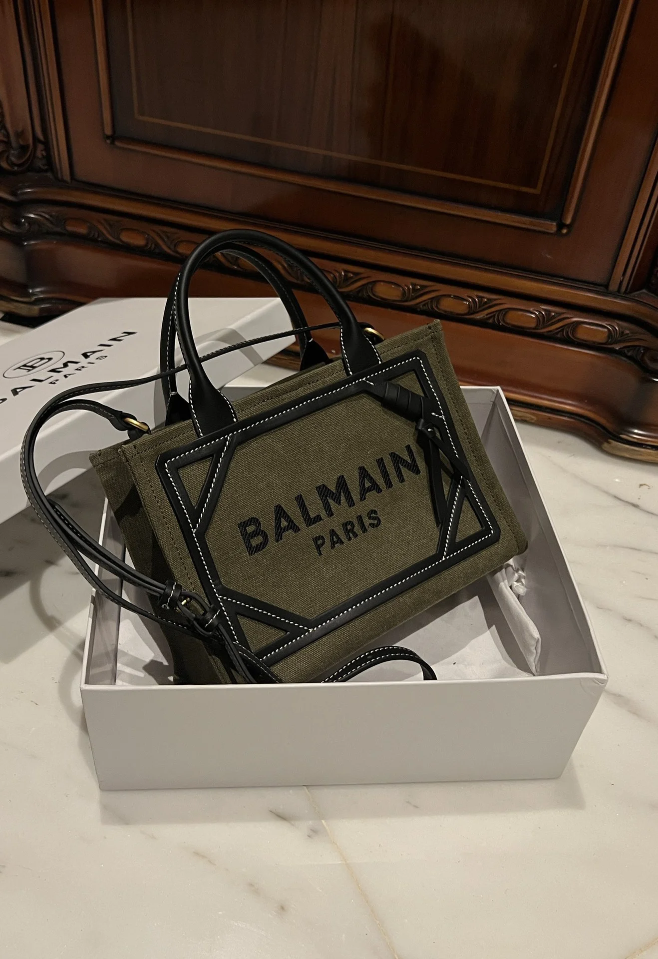 BALMAIN Totes Bags Canvas Leather (Green-Black) 26X18X11CM F00202608100308 - Image 9
