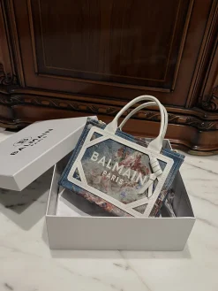 BALMAIN Totes Bags Canvas Leather (White-Blue) 26X18X11CM F00202608100309