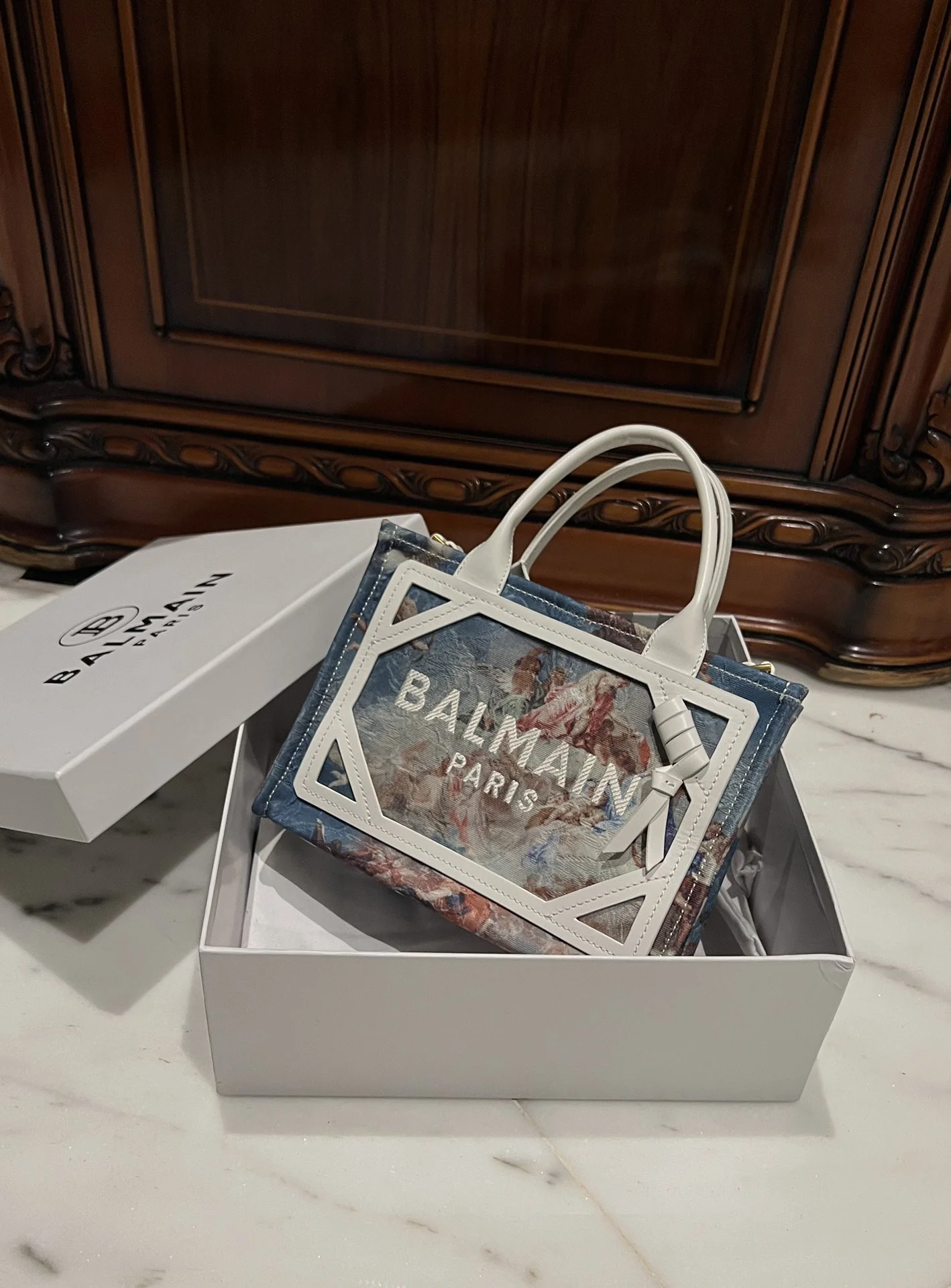 BALMAIN Totes Bags Canvas Leather (White-Blue) 26X18X11CM F00202608100309