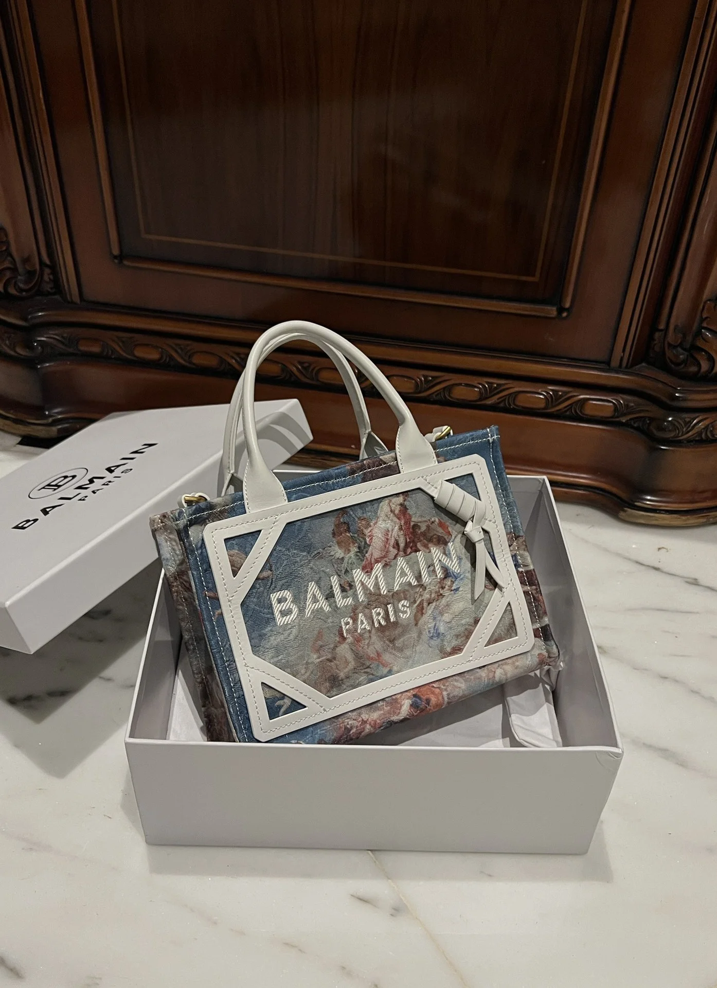 BALMAIN Totes Bags Canvas Leather (White-Blue) 26X18X11CM F00202608100309 - Image 2