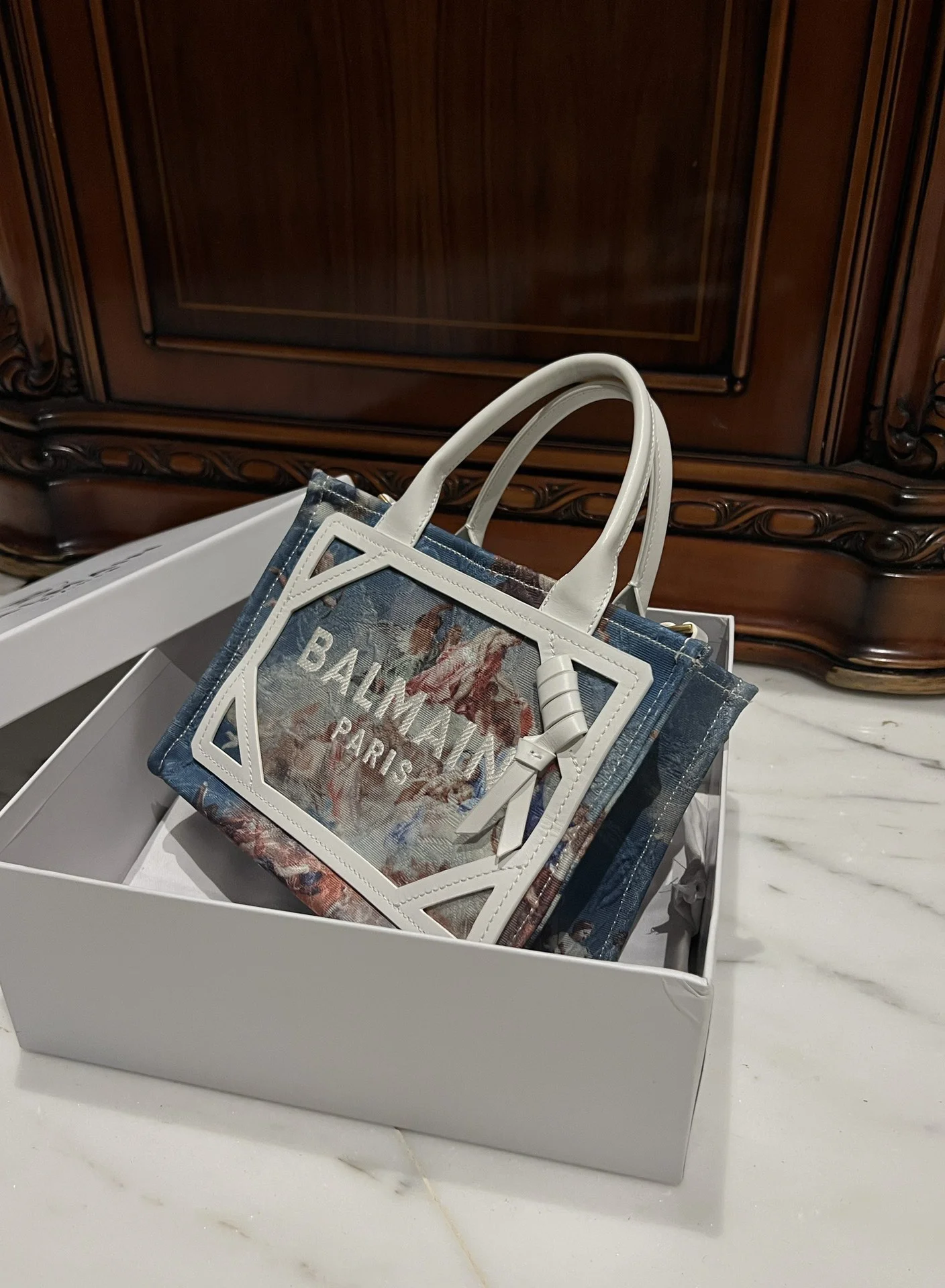BALMAIN Totes Bags Canvas Leather (White-Blue) 26X18X11CM F00202608100309 - Image 3