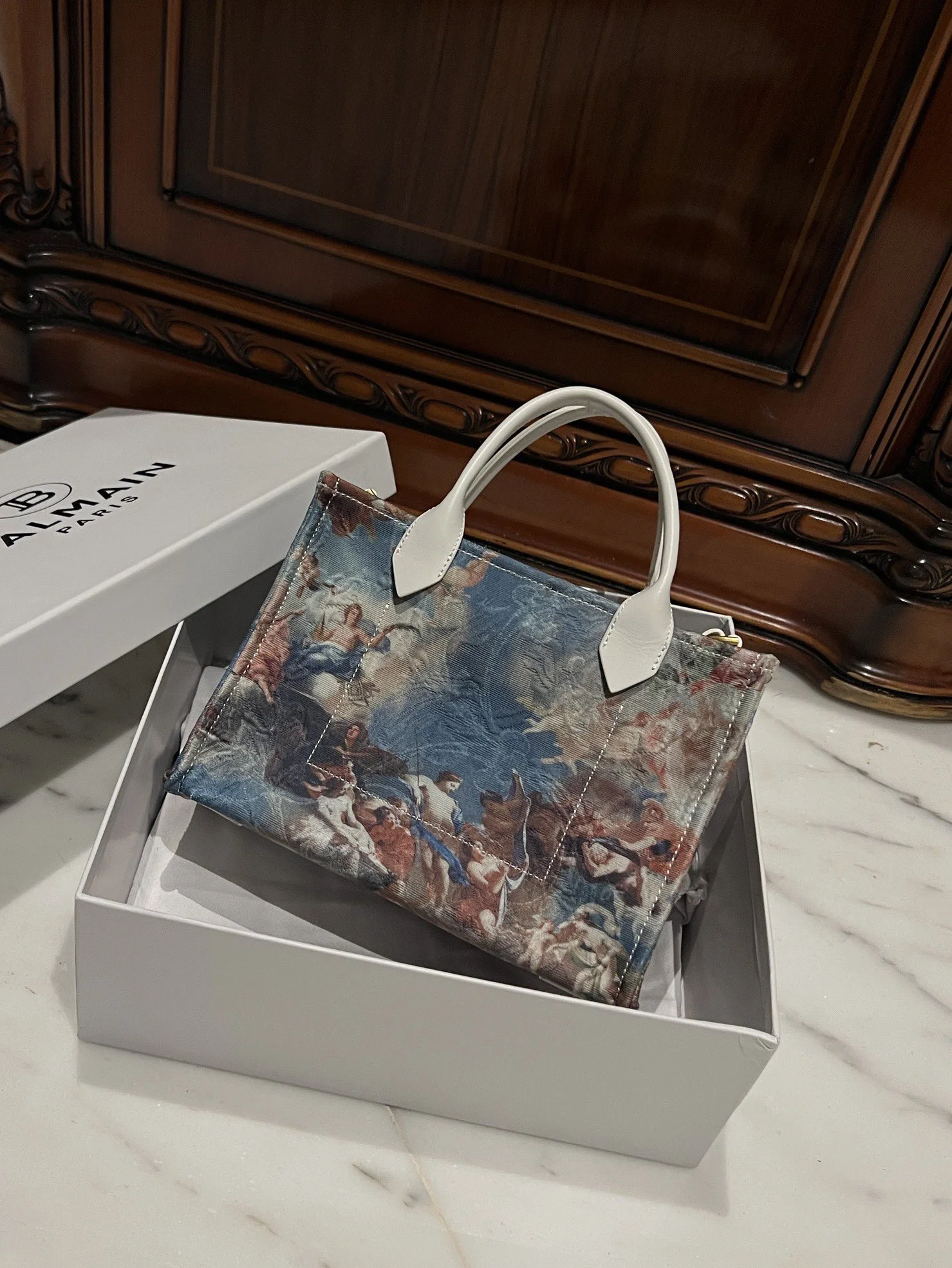 BALMAIN Totes Bags Canvas Leather (White-Blue) 26X18X11CM F00202608100309 - Image 5