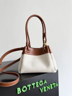BOTTEGA VENETA Totes Bags Canvas Leather (White-Brown) 21X17X16CM I10202608080757