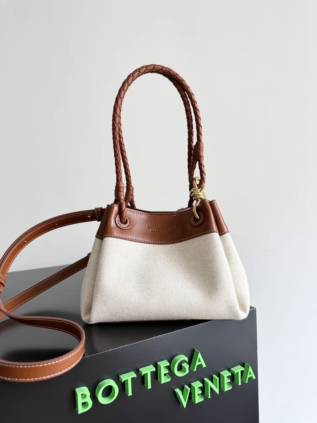 BOTTEGA VENETA Totes Bags Canvas Leather (White-Brown) 21X17X16CM I10202608080757