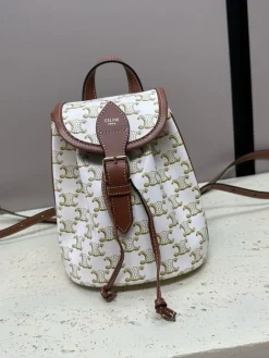 CELINE Backpacks Bags Canvas and Leather (White-Brown) 17X20X10CM F50202608090938