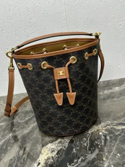 CELINE Bucket Bags Calfskin Leather (Black-Brown) 20X24X20CM G00202608090250