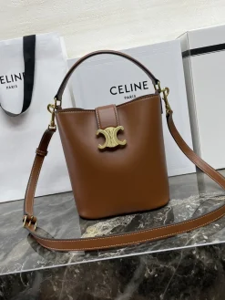 CELINE Bucket Bags Calfskin Leather (Brown-Gold) 16X19X12CM H00202608090236