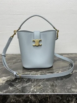 CELINE Bucket Bags Calfskin Leather (Light Blue-Gold) 16X19X12CM H00202608090233
