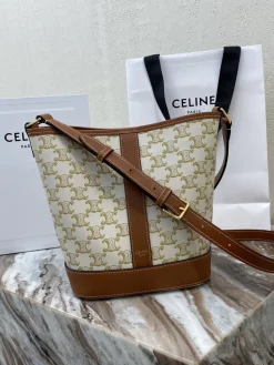 CELINE Bucket Bags Canvas_Leather (Cream-Brown) 30X22X13CM E00202608090006