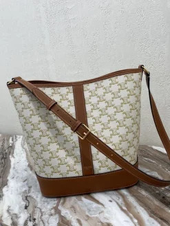 CELINE Bucket Bags Coated Canvas (White-Brown) 33X27X17CM E50202608090012