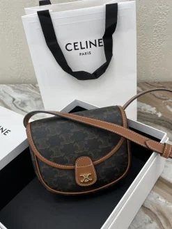 CELINE Shoulder Bags Canvas Calfskin (Brown-Gold) 15X11X4CM D80202608091409