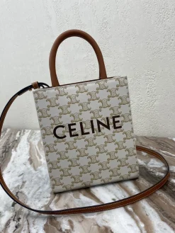 CELINE Shoulder Bags Coated Canvas Calfskin (White-Brown) 20X17X6CM D80202608091408