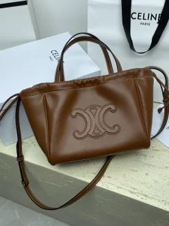 CELINE Totes Bags Calfskin Leather (Brown-White) 22X17X15CM G80202608091556
