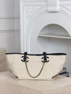 CHANEL Beach Bags Canvas (Ecru-Black) One Size A000202608070496