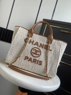 CHANEL Beach Bags Canvas Leather (Cream-Brown) 33CM G50202608070761
