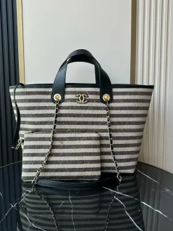 CHANEL Beach Bags Cotton Leather (Black-Beige) 31X45X28CM H00202608073154