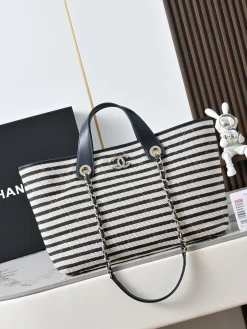 CHANEL Beach Bags Cotton Leather (Black-Ecru) 31X45X28CM G90202608072587