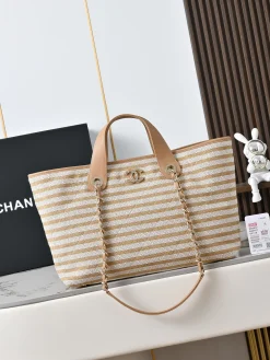 CHANEL Beach Bags Cotton Leather (Cream-Beige) 31X45X28CM G90202608072589