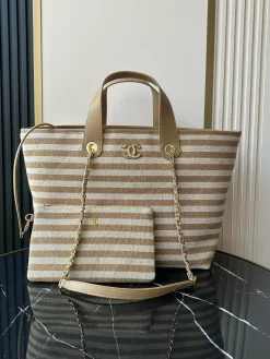 CHANEL Beach Bags Cotton and Leather (Beige-Brown) 45X28X17CM H00202608073153