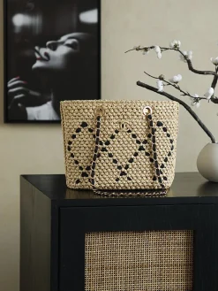 CHANEL Beach Bags Raffia (Beige-Black-Gold) 32X23X14CM I00202608071155