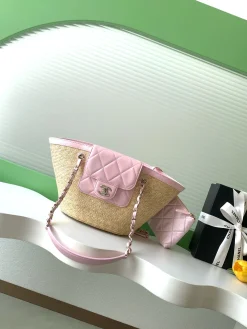 CHANEL Beach Bags Raffia Leather (Beige-Pink) 18X41X13CM I00202608072698