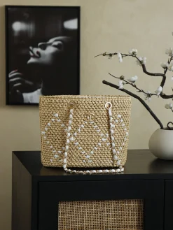 CHANEL Beach Bags Raffia Woven (Beige-White) 32X23X14CM I00202608071154
