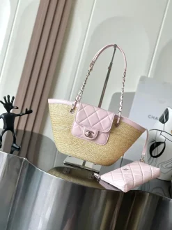 Alternative view of CHANEL Beach Bags Straw Woven (Beige-Pink) 18X41X13CM I00202608070200