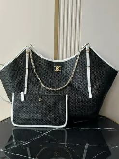 CHANEL Beach Bags Straw and Leather (Black-White-Gold) 36X59X13CM G60202608073159