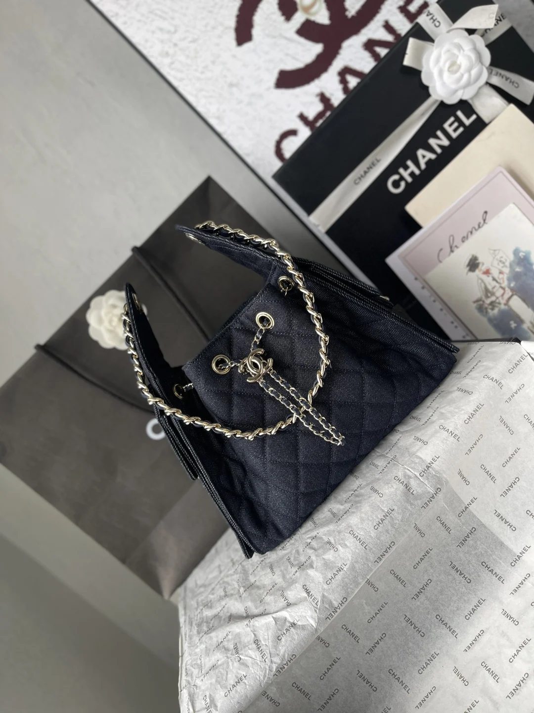 CHANEL Bucket Bags Caviar Leather (Blue-Silver) 30X26X14CM G10202608071417 - Image 4