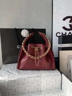 CHANEL Bucket Bags Caviar Leather (Red-Gold) 30X26X14CM F50202608073190