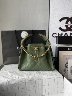 CHANEL Bucket Bags Pebbled Leather (Green-Gold) 30X26X14CM F50202608073182