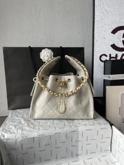 CHANEL Bucket Bags Quilted Leather (White-Gold) 30X26X14CM F50202608073191