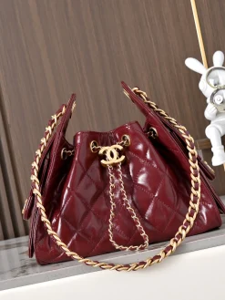CHANEL Bucket Bags Waxed Calfskin (Red-Gold) 30X26X14CM H20202608071605