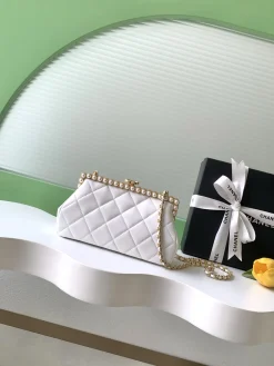 CHANEL Clutches Bags Lamb Leather (White-Gold) 10X20X7CM H30202608072737