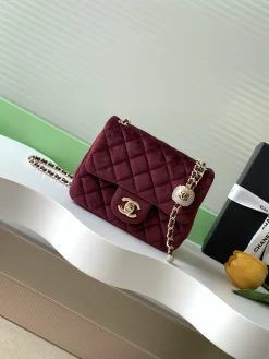 CHANEL Shoulder Bags Velvet (Burgundy-Gold) 13X18X7CM F20202608072663