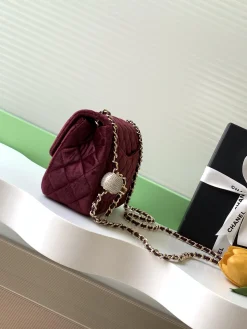 Alternative view of CHANEL Shoulder Bags Velvet (Burgundy-Gold) 13X18X7CM F20202608072663