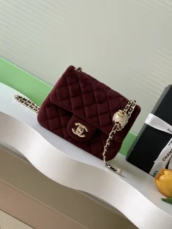 CHANEL Shoulder Bags Velvet (Burgundy-Gold) 13X18X7CM F20202608072665