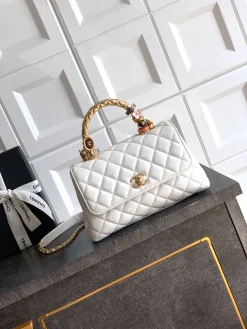 CHANEL Top Handle Bags Calf Leather (White-Gold) 23CM I50202608072608