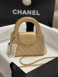 CHANEL Top Handle Bags Calfskin Leather (Beige-Gold) 13X19X7CM E30202608072439