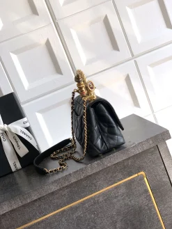 Alternative view of CHANEL Top Handle Bags Calfskin Leather (Black-Gold) 19CM H50202608072611