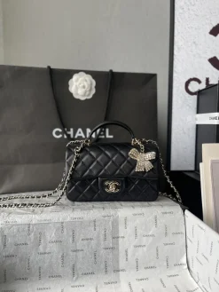CHANEL Top Handle Bags Calfskin Leather (Black-Gold) 20X14X7CM F80202608072384