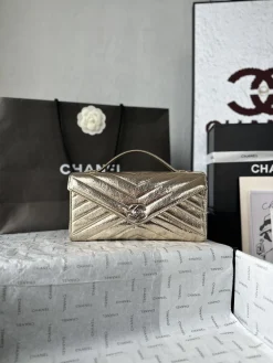 CHANEL Top Handle Bags Calfskin Leather (Gold-Silver) 10X26X5CM G00202608070738
