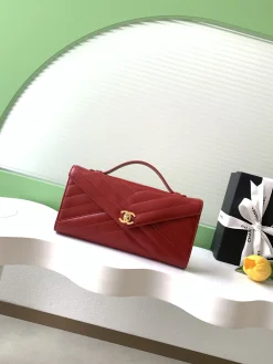 CHANEL Top Handle Bags Calfskin Leather (Red-Gold) 10X26X5CM G40202608070454